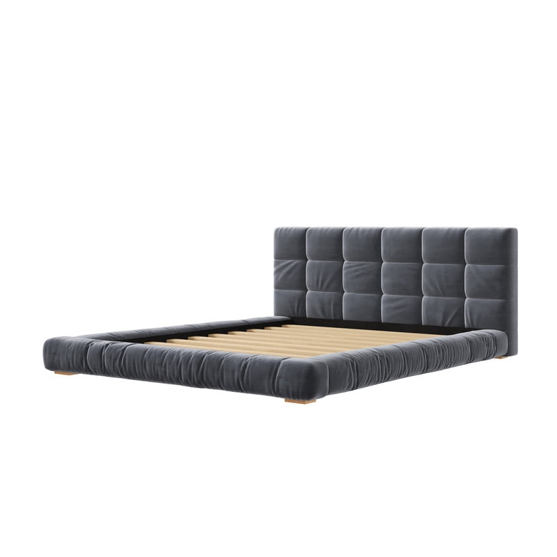 Velvet Queen/King Size Platform Bed Frame, Upholstered Floor Bed, Fully Wrapped Grounded Bed with Channel Tufted Headboard