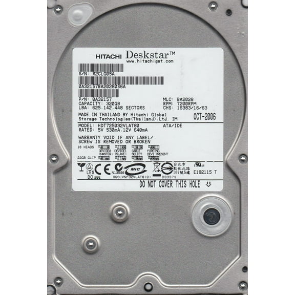 HDT725032VLAT80, PN 0A32157, MLC BA2028, Hitachi 320GB IDE 3.5 Hard Drive