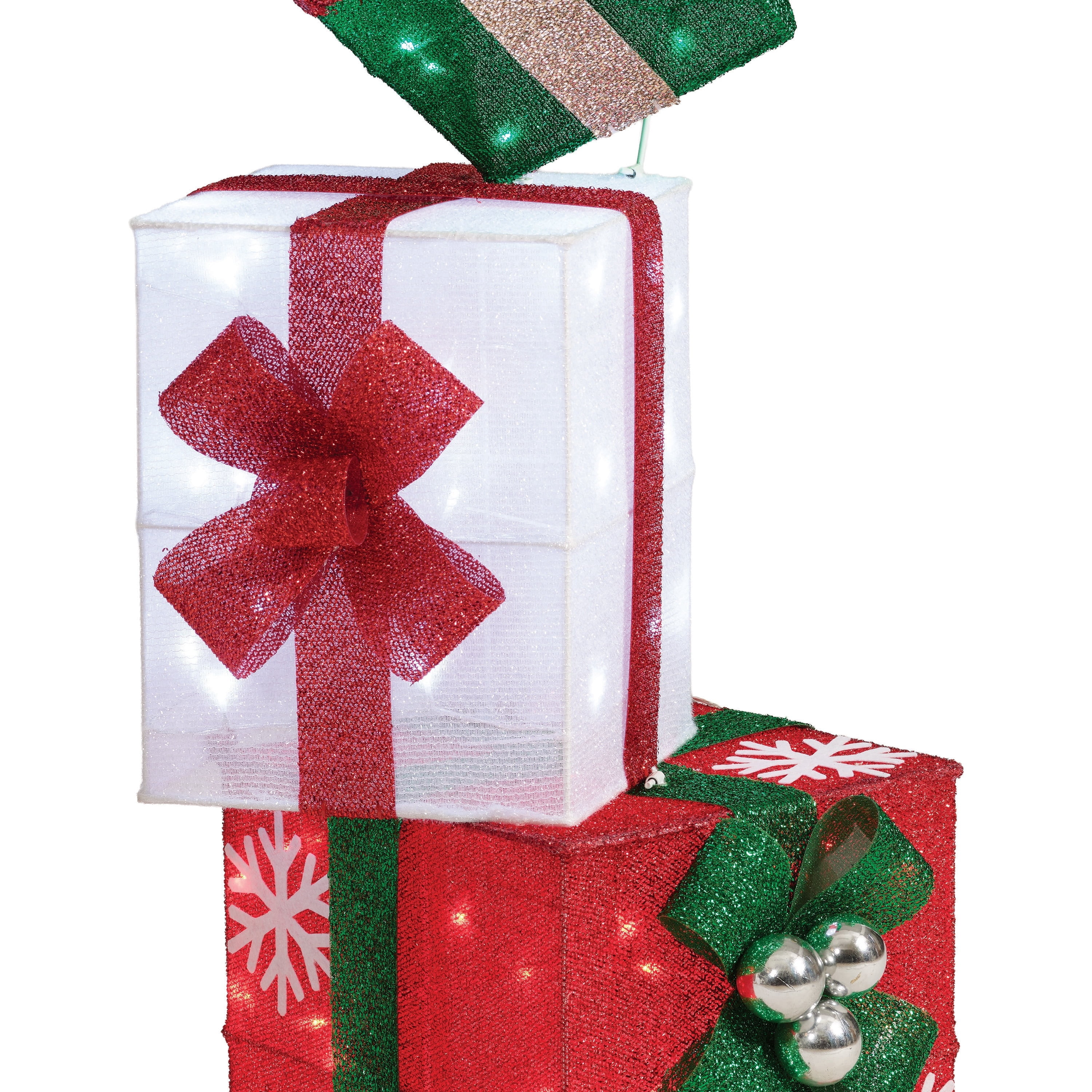 Indoor/Outdoor Light-Up Stacked Gift Box Christmas Decoration with 60 LED Lights, White/Green/Red, 42", by Holiday Time