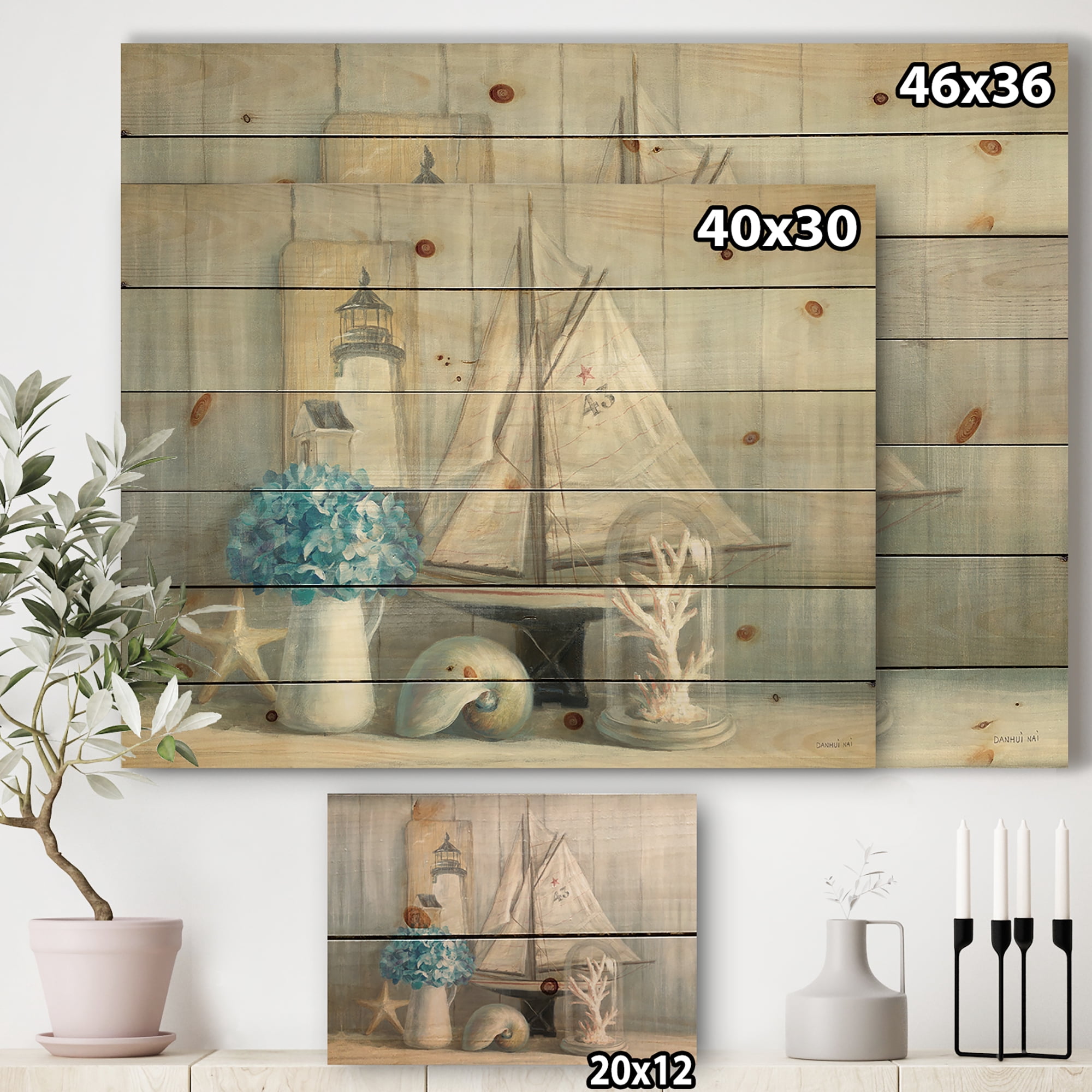 Designart 'Summer Nautical House' Nautical & Coastal Print on Natural Pine Wood