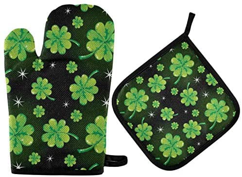 ST Clover Beer Oven Mitts & Pot Holders Set Saint Patricks Day Kitchen Decor Heat Resistant Gloves PotHolders Pad 2Pcs Microwave Gloves for Baking Cooking Grilling BBQ Home Decor 
