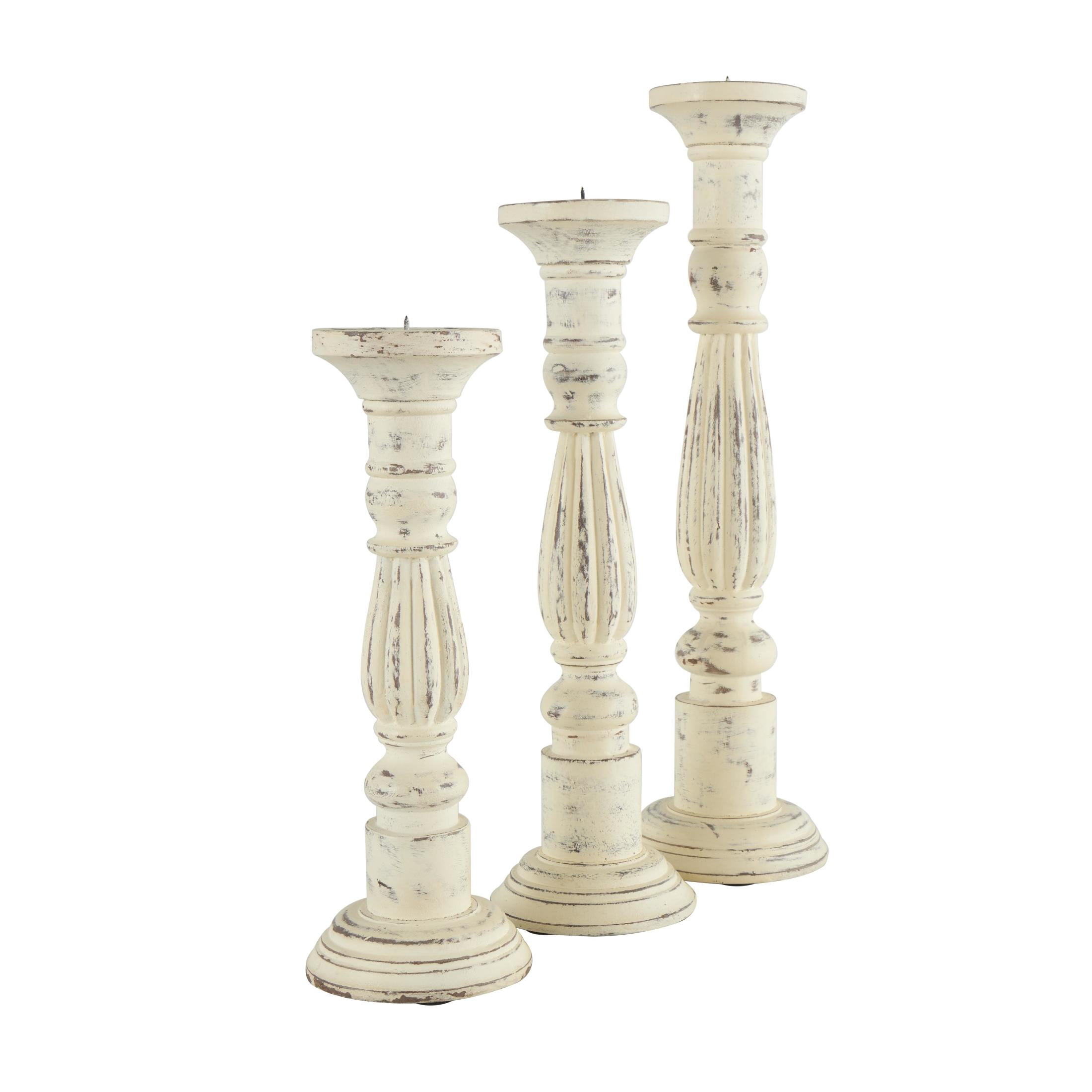 DecMode 3 Candle White Mango Wood Tall Distressed Turned Candle Holder, Set of 3