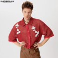 thumbnail image 2 of INCERUN Tops 2024 Camisas de malla hueca de estilo americano para hombre, blusas casuales de manga corta con personalidad, tallas S a 5XL, 2 of 5
