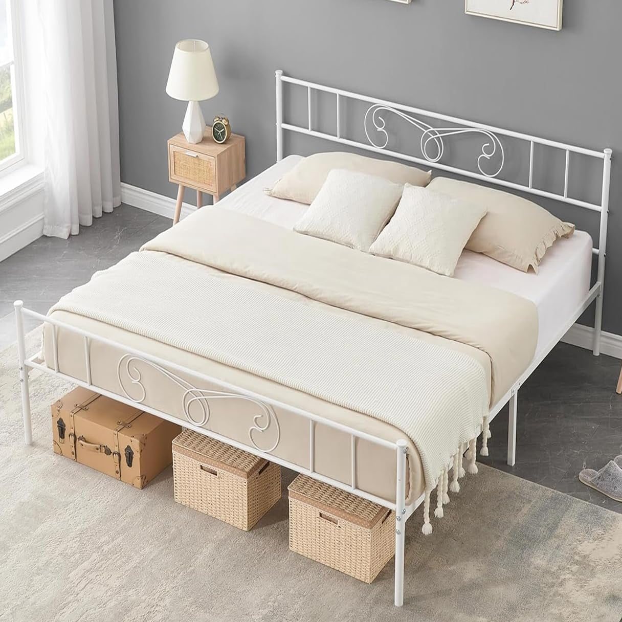 King Size Bed Frame Platform with Headboard and Footboard Metal Bed Mattress Foundation, Easy Assembly, No Box Spring Needed, White
