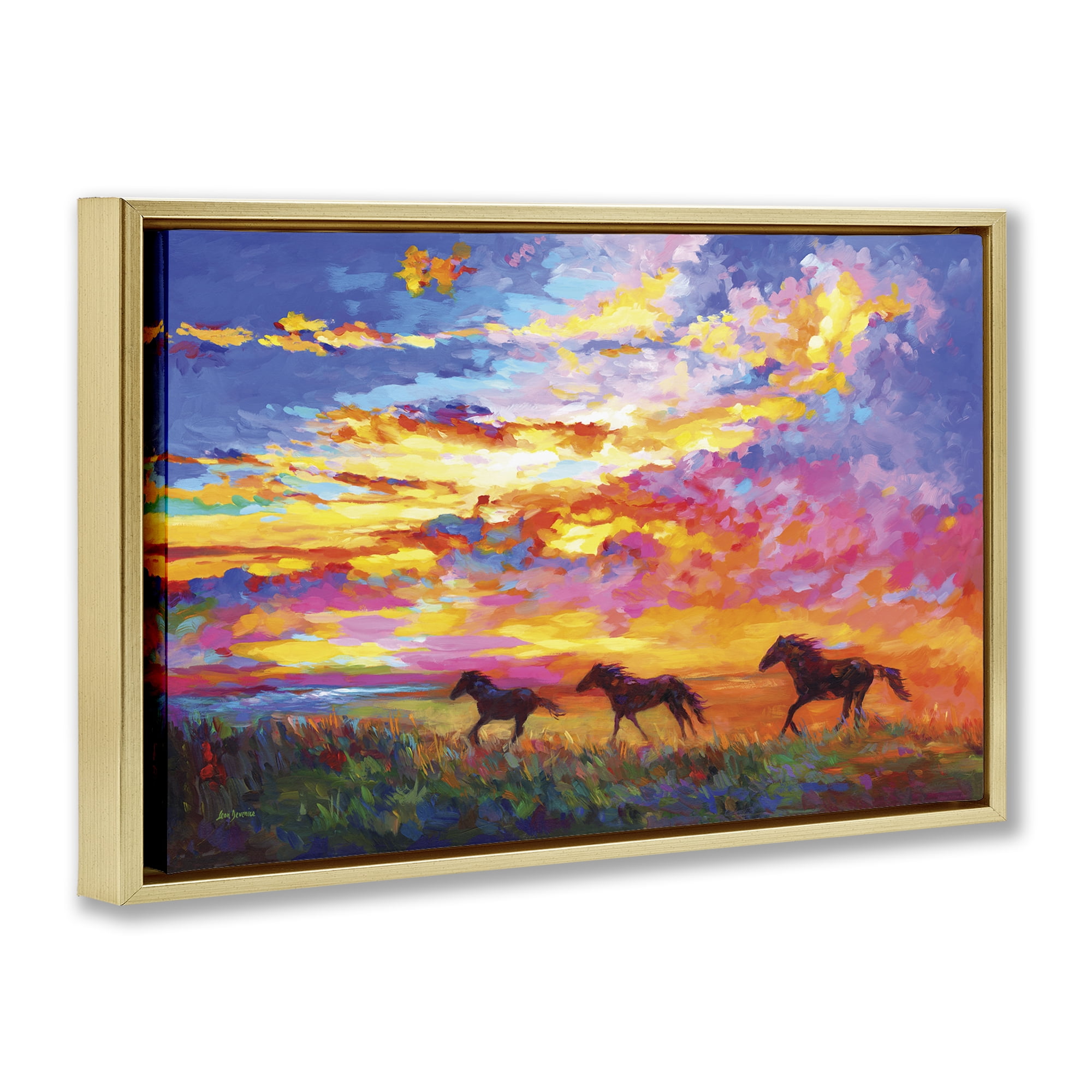 Stupell Industries Wild Horses at Sunset Landscape & Nature Painting Gold Floater Framed Canvas Art Print Wall Art, 31 x 21