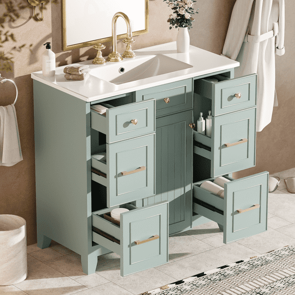 36" Green Bathroom Vanity with Ceramic Sink, Soft-Close Doors, 2 Double-Layer & 2 Standard Drawers, Adjustable Shelf