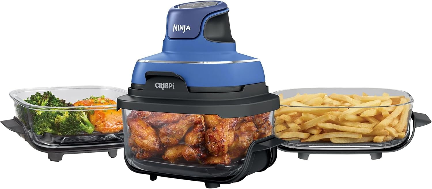 Restored Ninja Crispi 5-in-1 Portable Glass Air Fryer Cooking System, 6-Cup, 4-Quart & 2.5-Quart TempWare Containers With Lids, Microwave, Freezer & Dishwasher Safe, Blue, FN103CO ( (Refurbished)