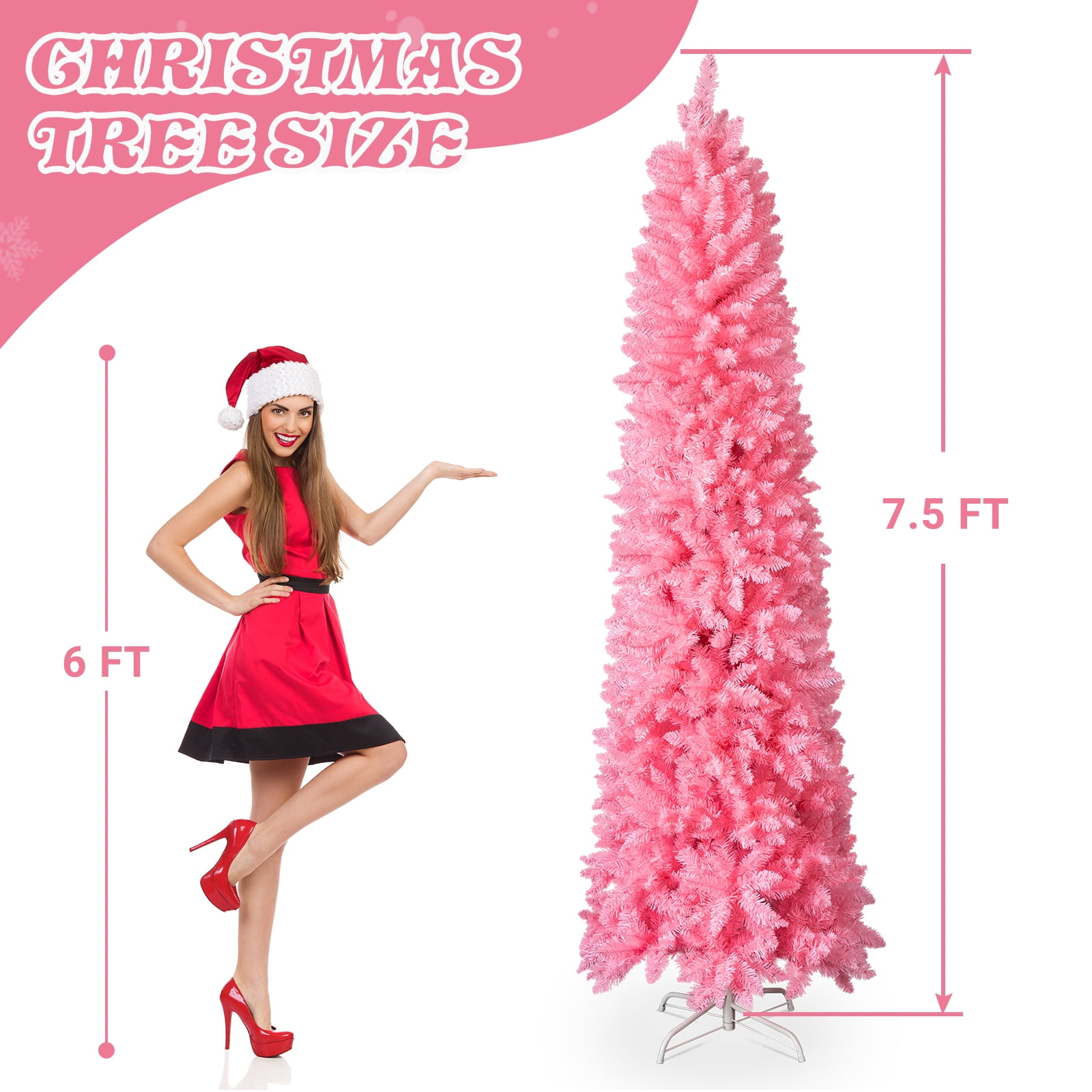 Astoutdoor 7.5 ft Hinged Artificial Pencil Christmas Tree, Snowy Pink, 1075 Branch Tips, Unlit, with Sturdy Stand