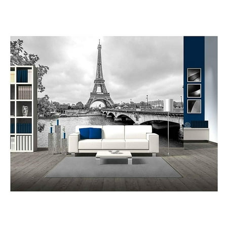 wall26 - Paris Eiffel Tower from Seine. Cityscape in Black and White - Removable Wall Mural | Self-adhesive Large Wallpaper - 66x96 (Best Way To Remove Wallpaper Glue From Walls)
