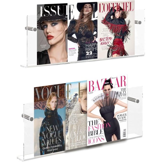 JOTNGDJBN 2 Pack Acrylic Magazine Holder,Clear Wall Mounted Magazine Rack Floating Bookshelf for Office,Living Room, Waiting Room Vinyl Record,Book Display Rack,(Clear,17 Inch)
