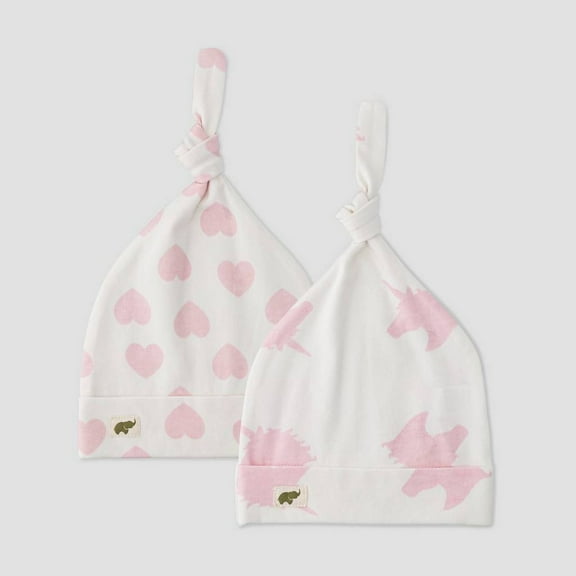 Layette by Monica Andy Baby Girls 2pk Unicorn and Heart Print Top Knot Hat Pink