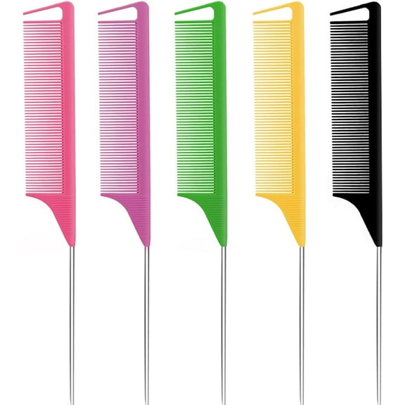 Hair Comb, 5 Pcs Parting Hairdressing Comb Fine Tooth Comb Metal End Rat Tail Hair Comb,with Stainless Steel Handle, Fine Tooth Combs for Women, Barber, 5 Colours Per Set.