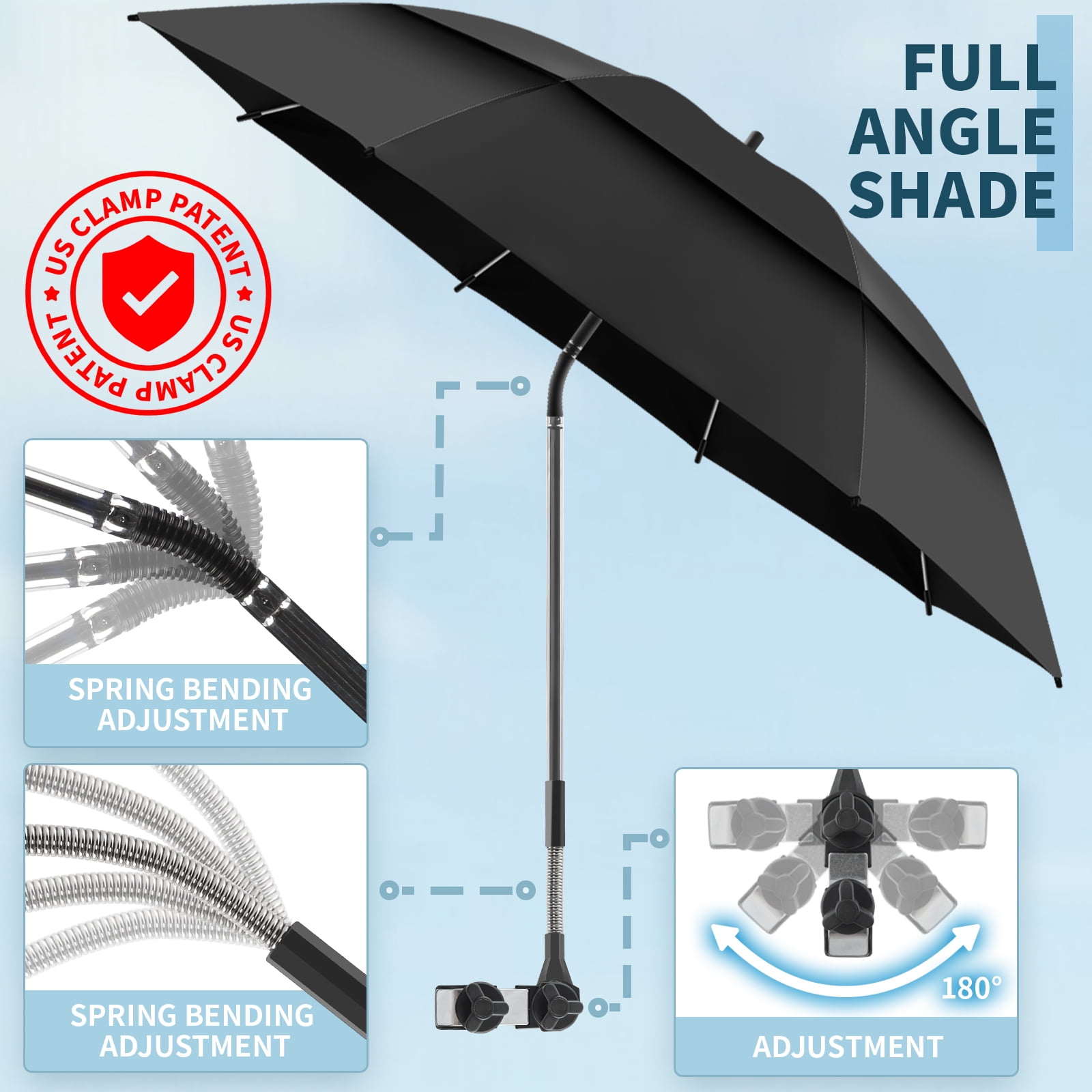 2 Pack 48.6" Double Canopy Umbrella with Clamp, UPF50+ Beach Chair Umbrella with clip, 360°Adjustable Portable Outdoor Wheelchair, Patio, Golf Carts,Camping(Black, Not Include Chair)