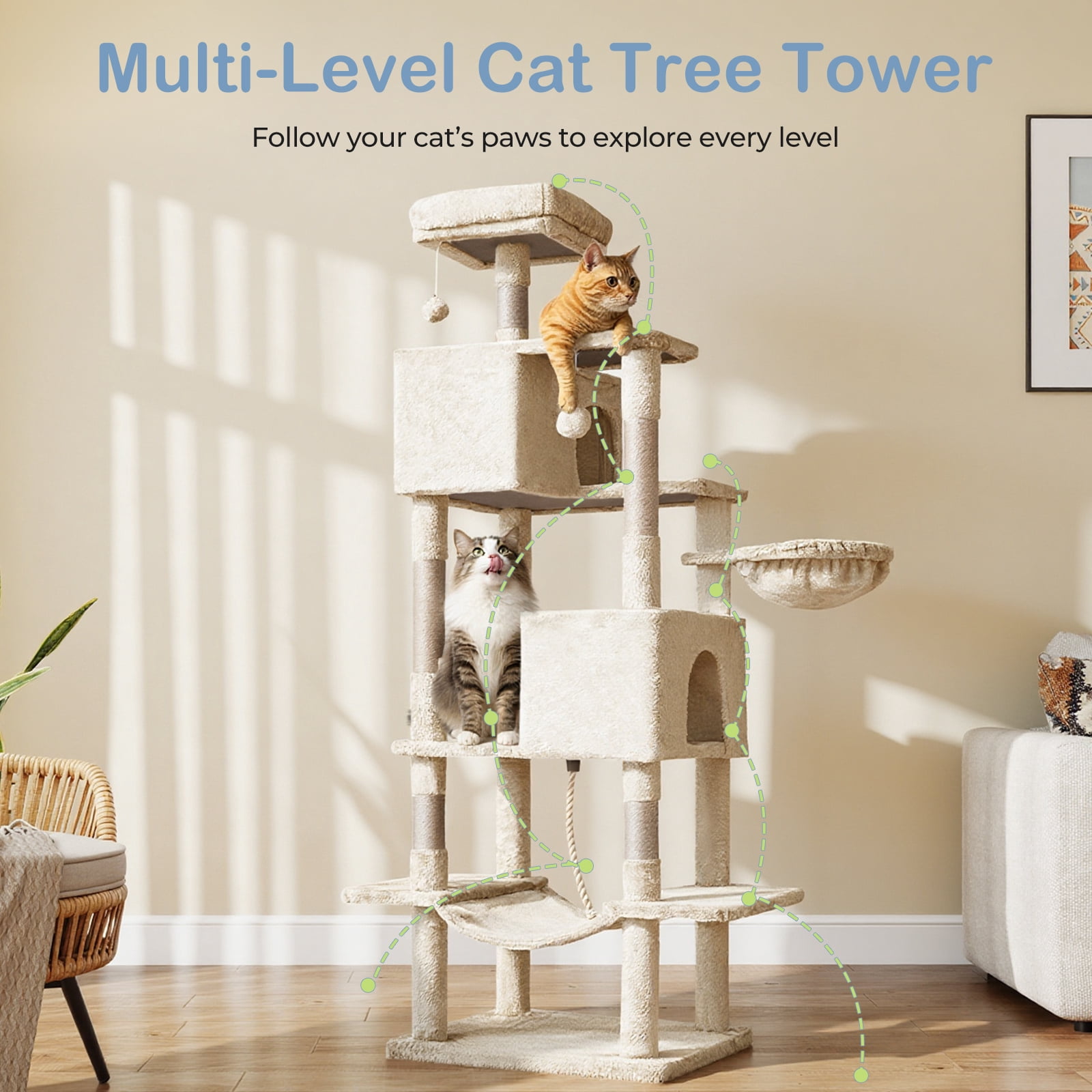 66" Multi-Level Cat Tree Tower with Sisal Scratching Post, Indoor Cat Climbing Tower with Ladder & Plush Toys for Rest & Play