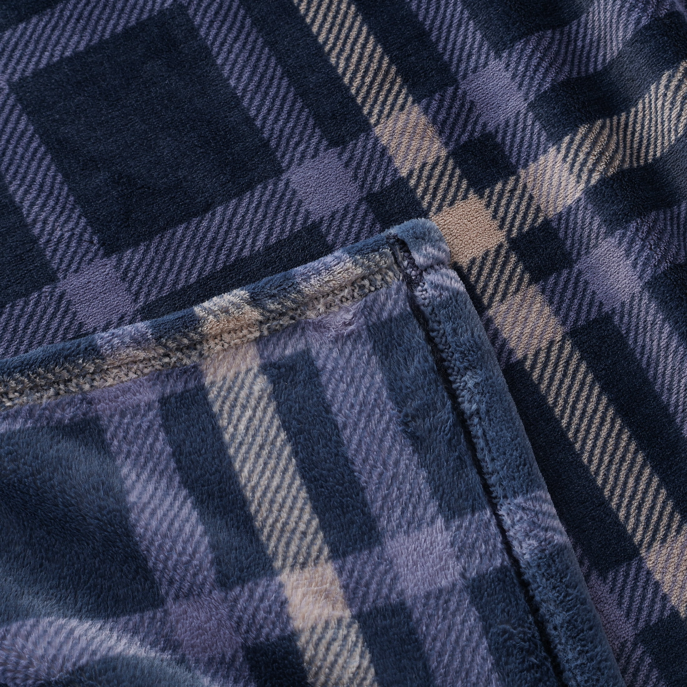 Berkshire Life Cozy Luxe Plush Plaid Bed Blanket, Navy Blue, King Size