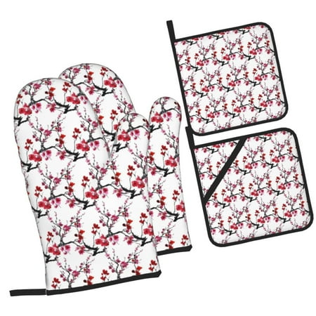 

Balery Cherry Blossoms Pattern Oven Mitts and Pot Holders 4 pcs Set Kitchen Oven Glove High Heat Resistant 500℉ Oven Mitts with Non-Slip Silicone Surface