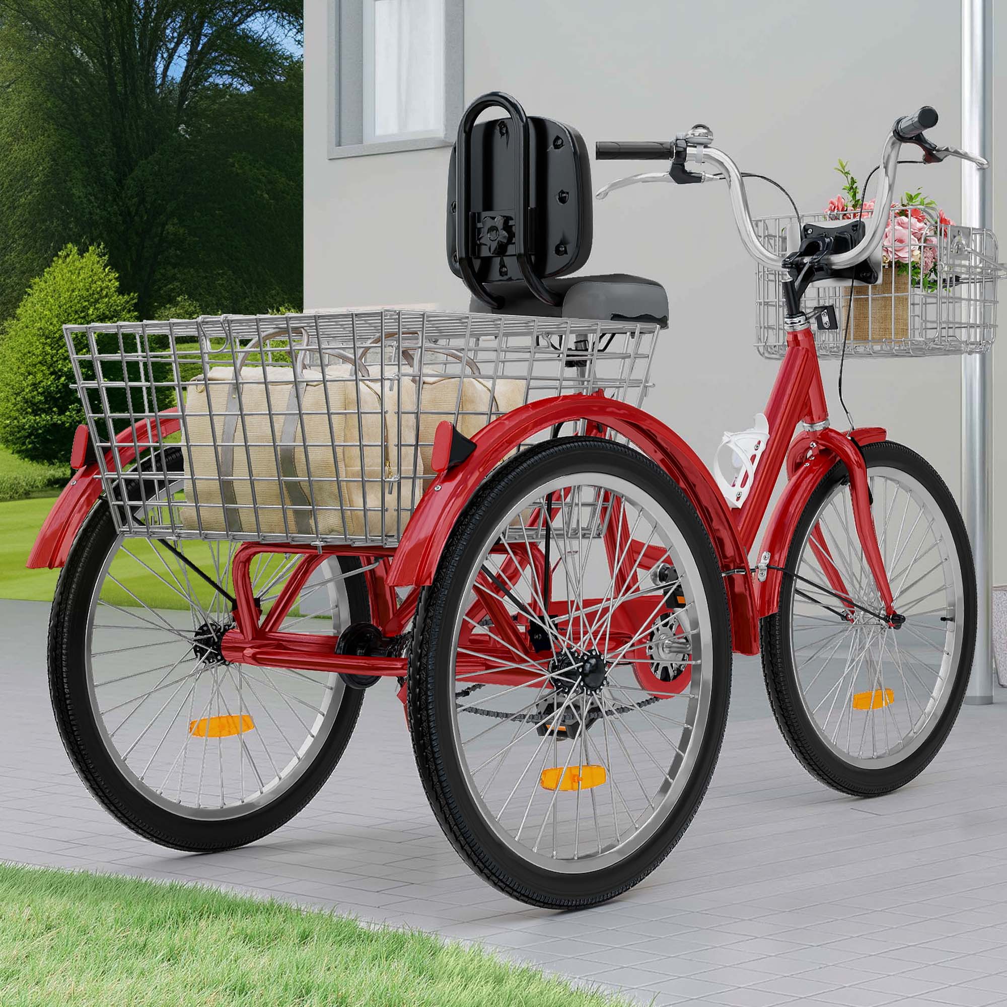 Uforic Adult Tricycle 24 Inch Single Speed Cruiser Trike with Seat Backrest
