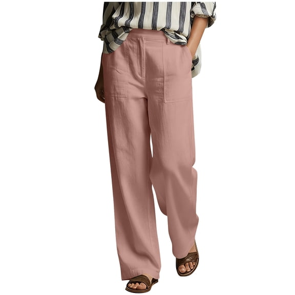 GUACER Cotton Linen Wide Leg Pants for Women Drawstring Waist with Pockets Casual Summer Trousers