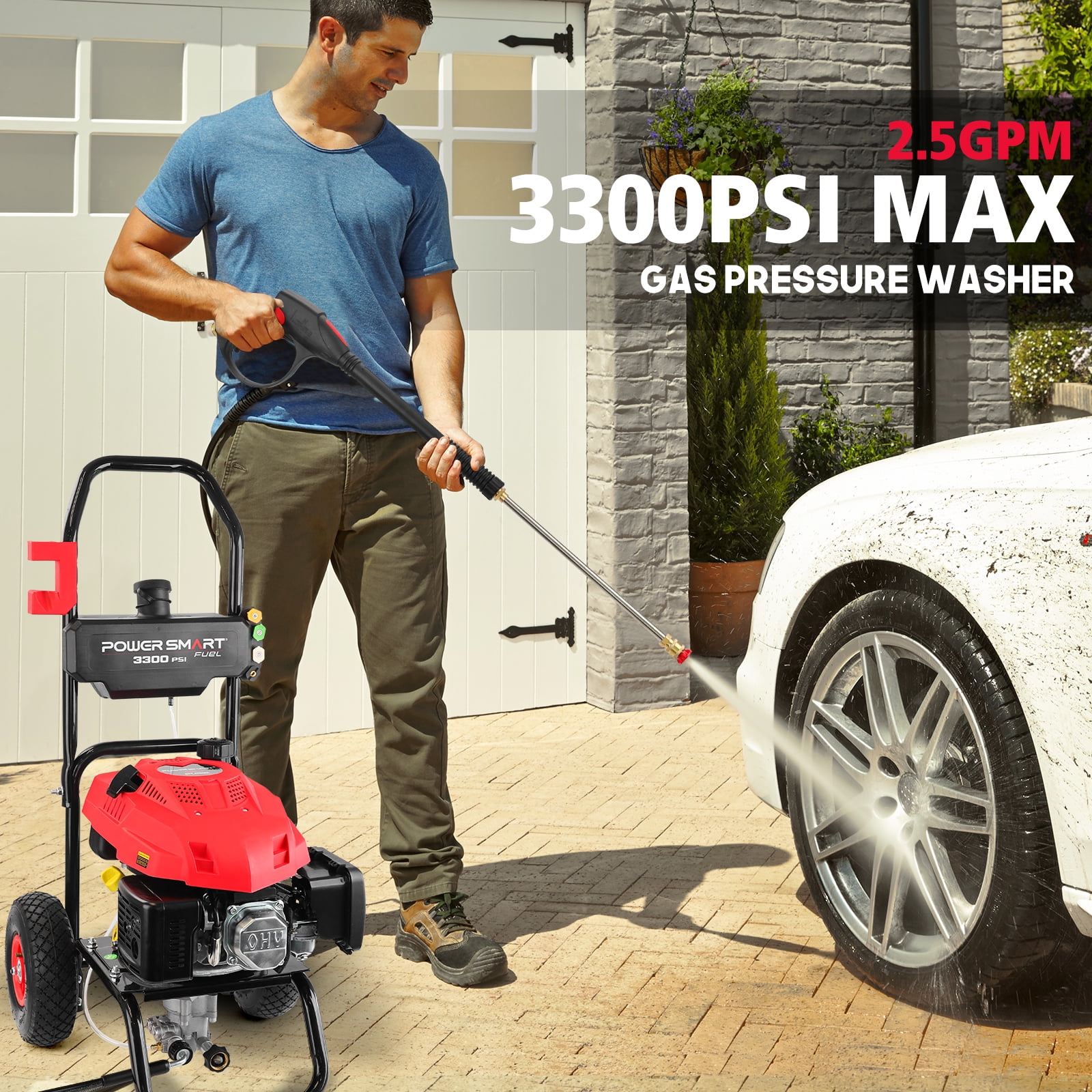 PowerSmart 3300PSI Gas Pressure Washer, 2.5GPM, 201cc Gas Power Washer, 5 Nozzle & Soap Tank, for Cars/ Home/ Work Site