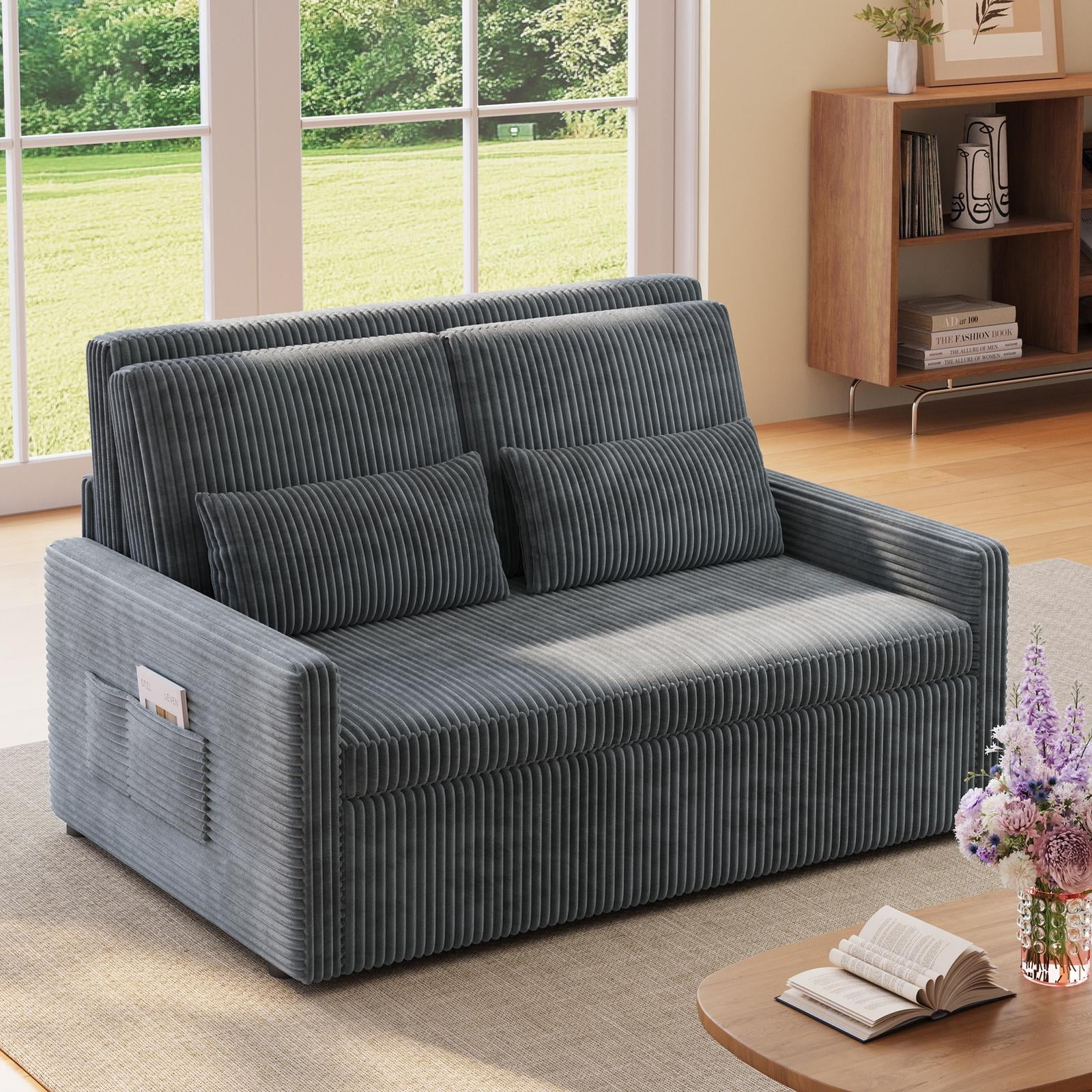 Noelse 3 in 1 Convertible Sofa Bed, Pull Out Sleeper Sofa Chair with Corduroy Upholstery, Space-Saving Loveseat Sleeper Bed for Living Room, Bedroom, Apartment, Dark Gray