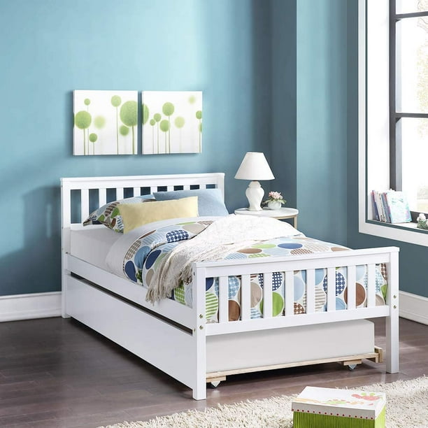 Twin Platform Bed with Trundle, Sweden Solid Pine Wood Twin Platform