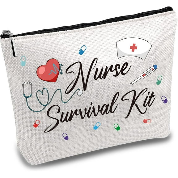 Nurse Survival Kit Makeup Bag Canvas Make Up Bag Cosmetic Pouch Small Toiletry Organizer Travel Vacation Holiday Storage Purse Pencil Case for Nurse Women Family Girlfriend 7x10 Inch