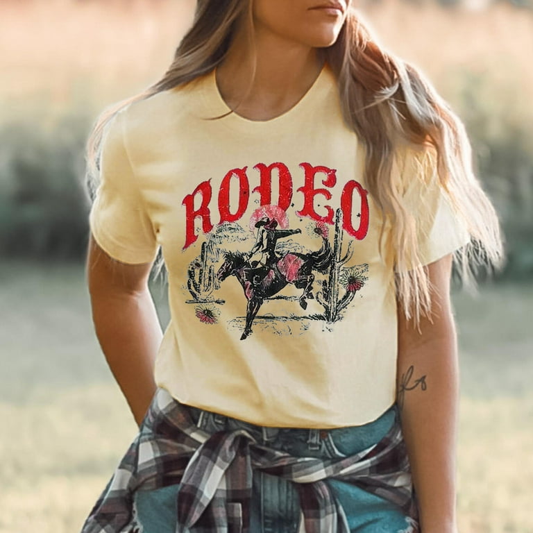 XCHQRTI Western Shirts Women Graphic Tees Casual Cowboy Rodeo