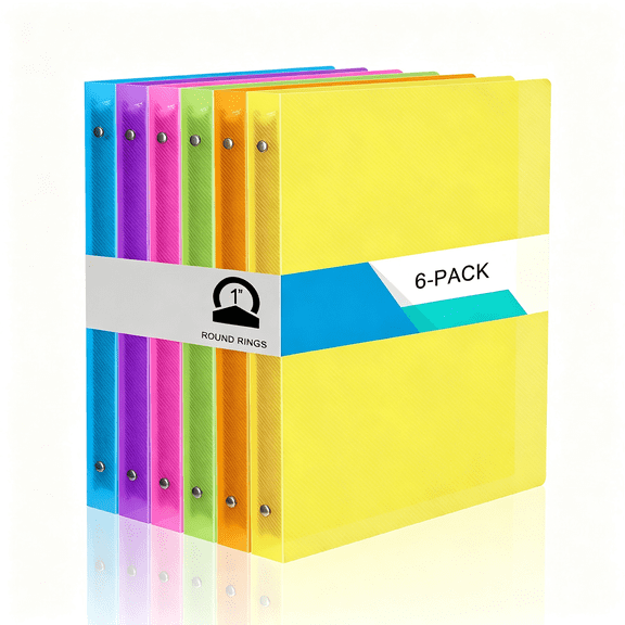 CCOCC 6 Pack Plastic 3 Ring Binder Assorted Colors Economy Flexible Round Ring Presentation Binders with Pocket for Office School Meeting(1 Inch,Neon Colors)