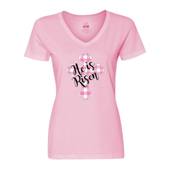 Inktastic He is Risen Pink Plaid Cross Women's V-Neck T-Shirt