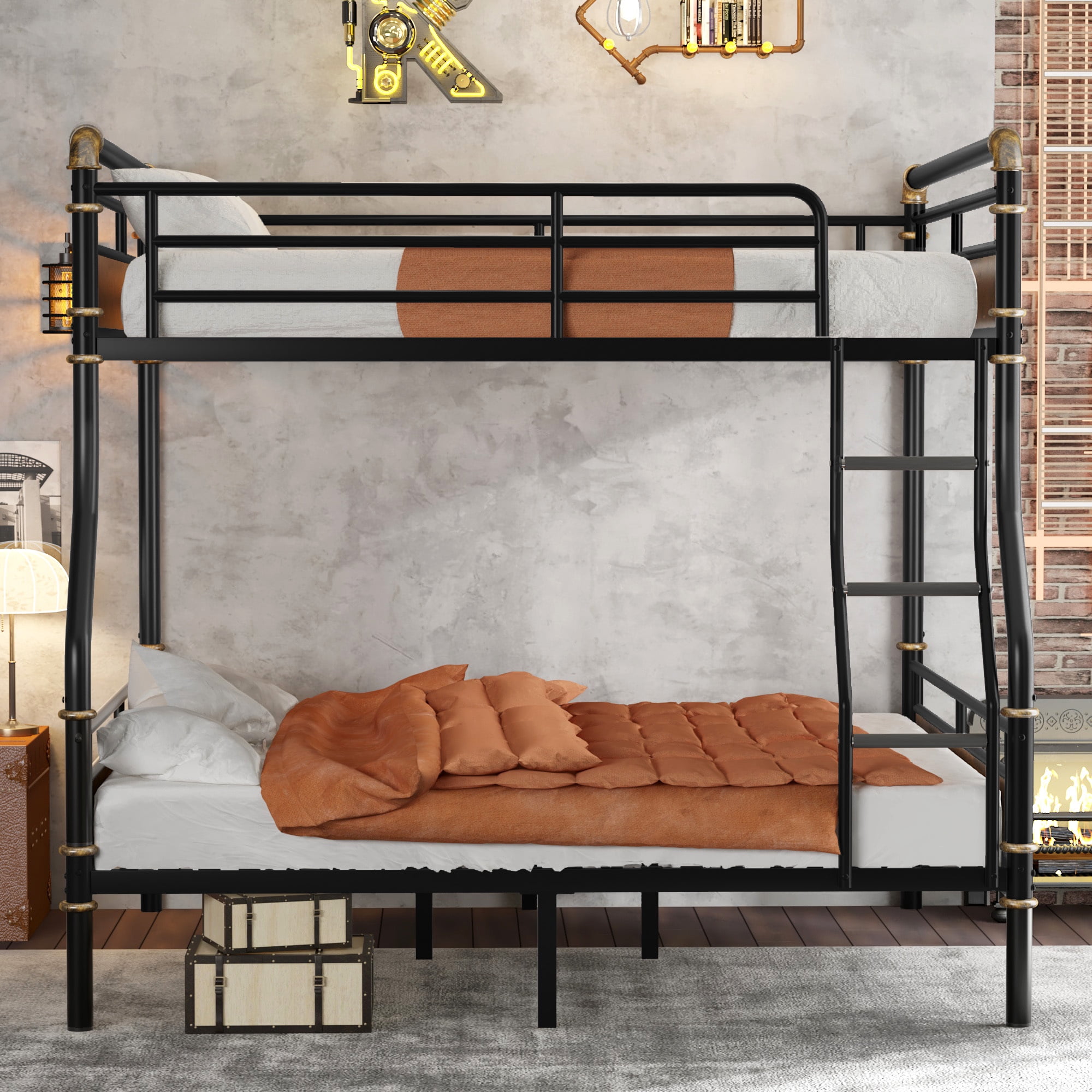 Full XL over Queen Bunk Bed,Heavy Duty Metal Bed Frame with Safety Guard Rails for Kids Teens, Black