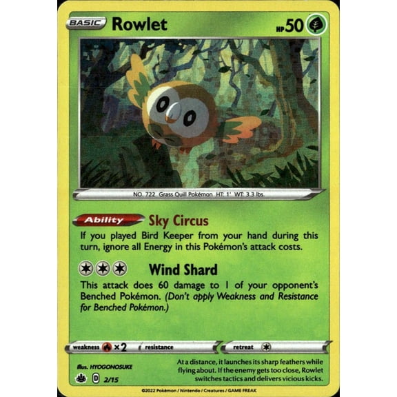 Collectible 2022 McDonald's Collection Rowlet #2/15 Pokemon English Trading Card
