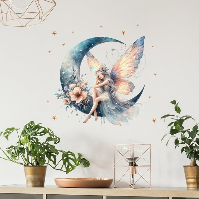 Adhesivos de pared con forma de hada y luna, mariposa, hada con media luna