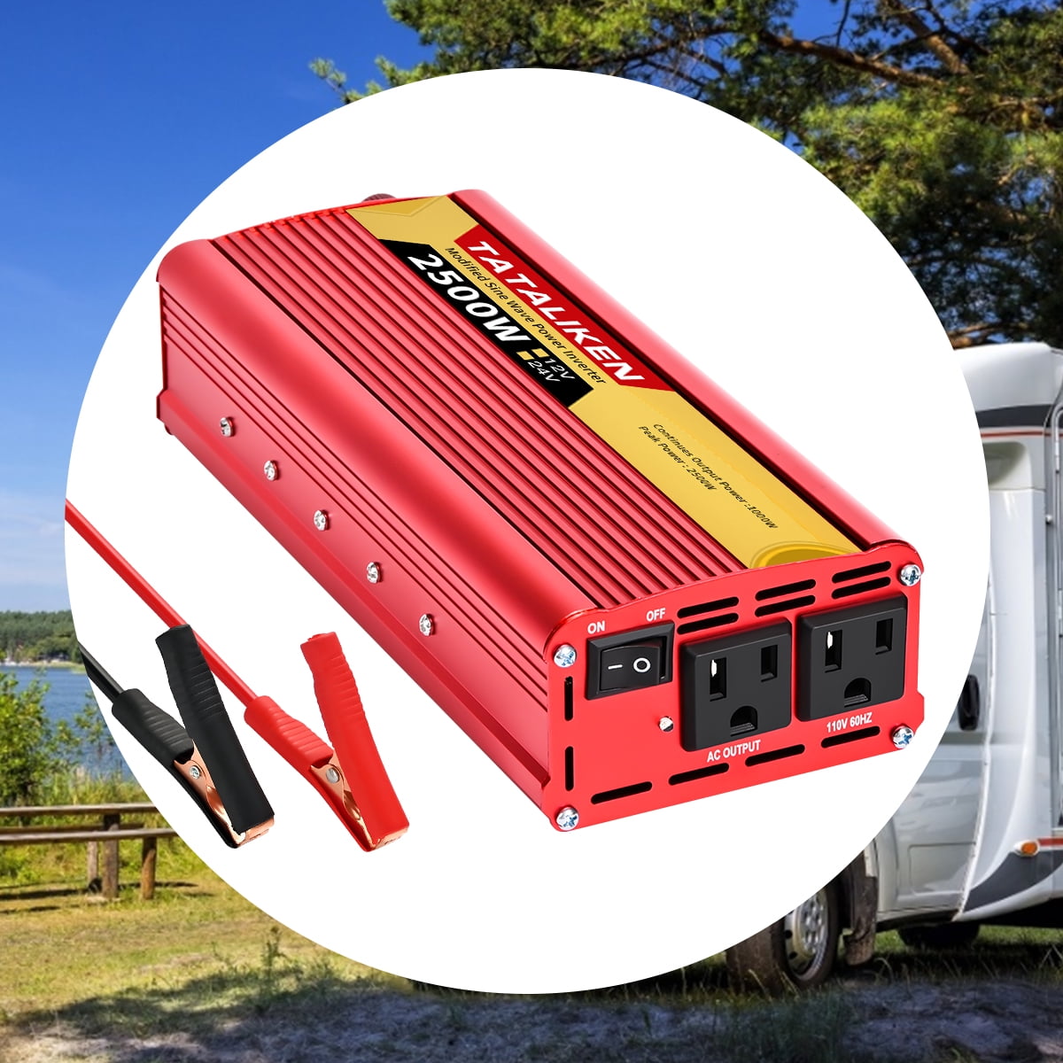 TATALIKEN 2500W（Rating power 1000 W）Power Inverter DC 12V to AC 110V/120V Car Inverter with Battery Clamp Cable 2 AC Outlets for Power Tools Home Vehicles RV Truck,Red