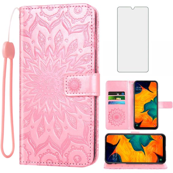 Phone Case for Samsung Galaxy A20 A30 Wallet Cases with Tempered Glass Screen Protector Leather Flip Cover Card Holder Stand Cell Accessories Glaxay M10s A 20 30 Gaxaly 20A SM A205G Women Rose Gold