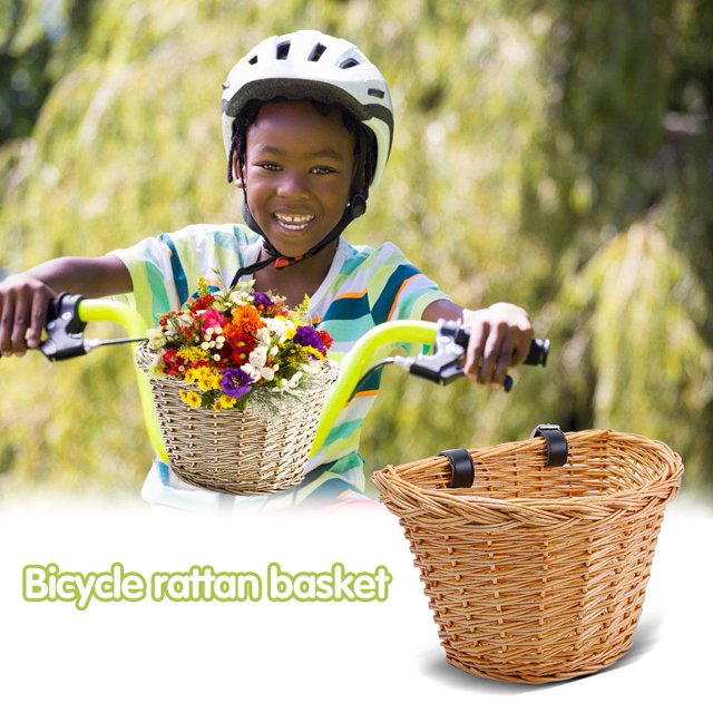 Cesta de bicicleta para niños, portador tejido de mimbre, bolsas delanteras para ciclismo, almacenamiento de alforjas
