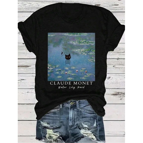T Shirt [LUNE Graphic Tee] LUNE Women's Casual Van Gogh Sunflower Black Graphic Tee