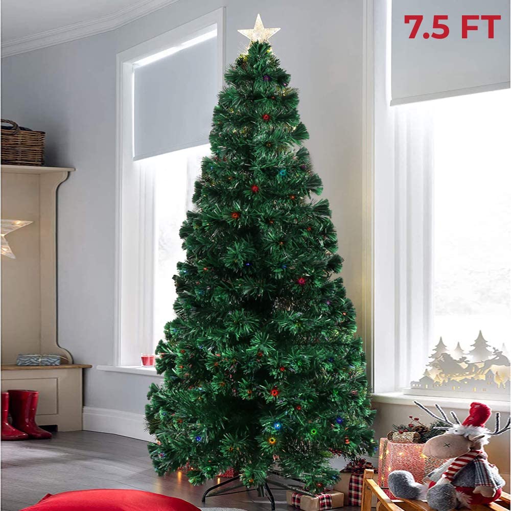 BIGTREE 7.5 FT Pre-Lit Artificial Christmas Tree Auto-Spread/Close up Branches Flash Modes with 