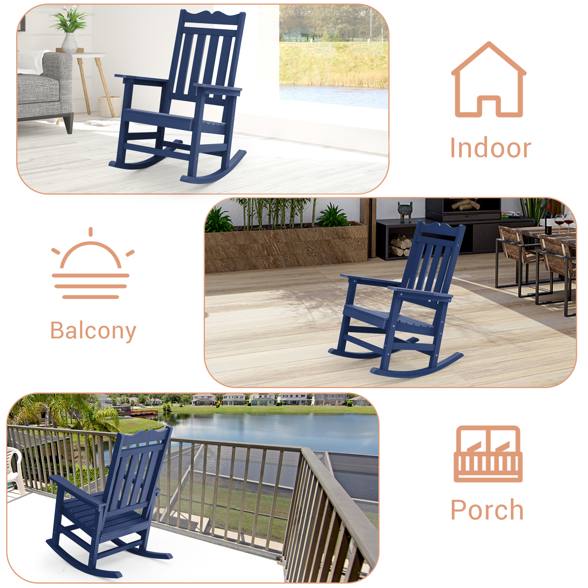 CHYVARY 1 Peaks Patio Adirondack Chair Plastic Single Chairs, Rocking Chair Fire Pit Outdoor Lounge Chair for Lawn and Garden,Navy Blue - image 4 of 8