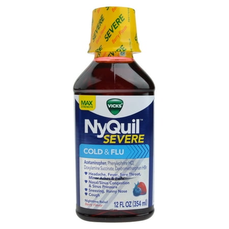 Vicks NyQuil Severe Max Strength Cold & Flu Berry Flavor Nighttime Relief Liquid, 12 Oz