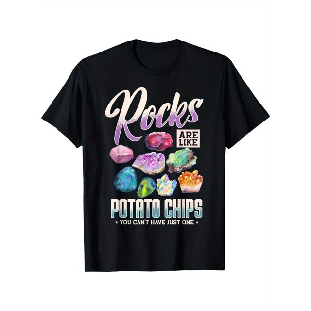Men's Funny Rock Collector T-Shirt - "Rocks Are Like Potato Chips" Design, 100% Cotton, Short Sleeve, Round Neck, Vibrant Mineral Print, Casual & Comfortable Fit, Sizes S to 3XL