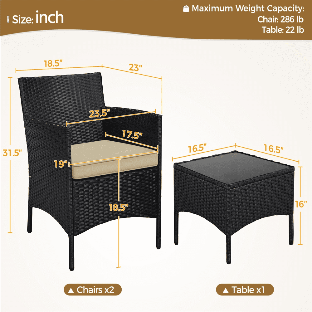 Yaheetech Outdoor 3-Piece Patio Rattan Chairs with Cushions and Side Table, Black/Khaki