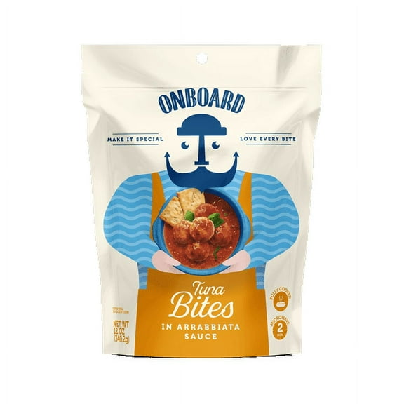 ONBOARD Yellowfin Tuna Bites in Arrabbiata Sauce, 12oz Pouch, Nuts and Soy Free, Contains Egg, Fish (Tuna), and Wheat
