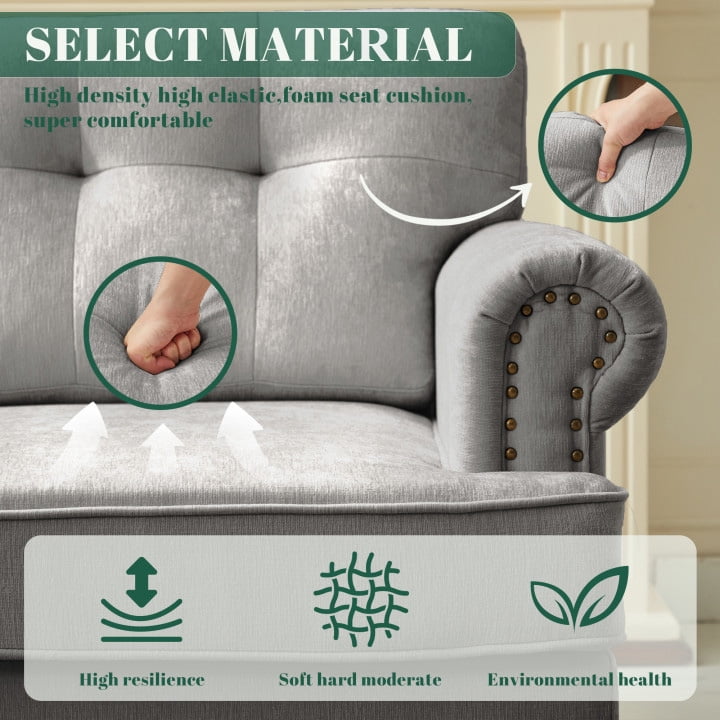 JUSTLET 3 Piece Living Room Sofa Set, Chenille Upholstered Sectional Sofa Couch with Nailhead Trim, Including 3-Seater Sofa, Loveseat and Single Sofa Chair for Apartment Living Room, Light Gray
