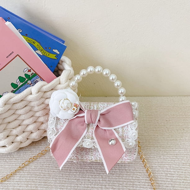 Bolsos Para Niños Bow Flower Kids Bolsos Pearl Handle Chains Crossbody Bag para niñas (Blanco) Sywqhk Para Estrenar