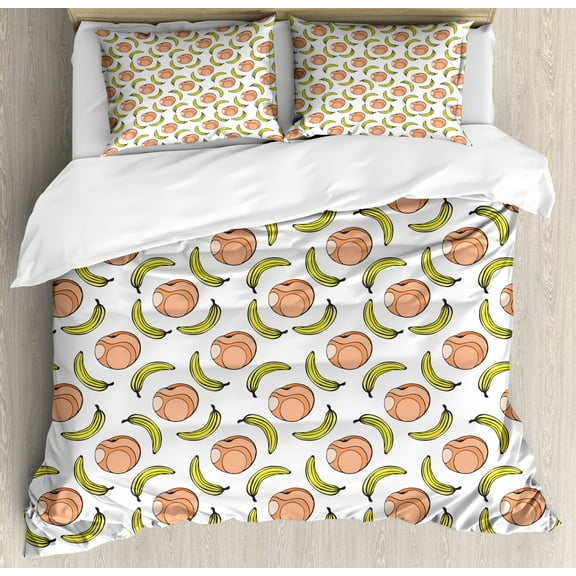 Fruit Art Duvet Cover Set King Size, Repeated Pattern Illustration of Bananas and Peaches on Plain Backdrop, Decorative 3 Piece Bedding Set with 2 Pillow Shams, White Peach Yellow, by Ambesonne