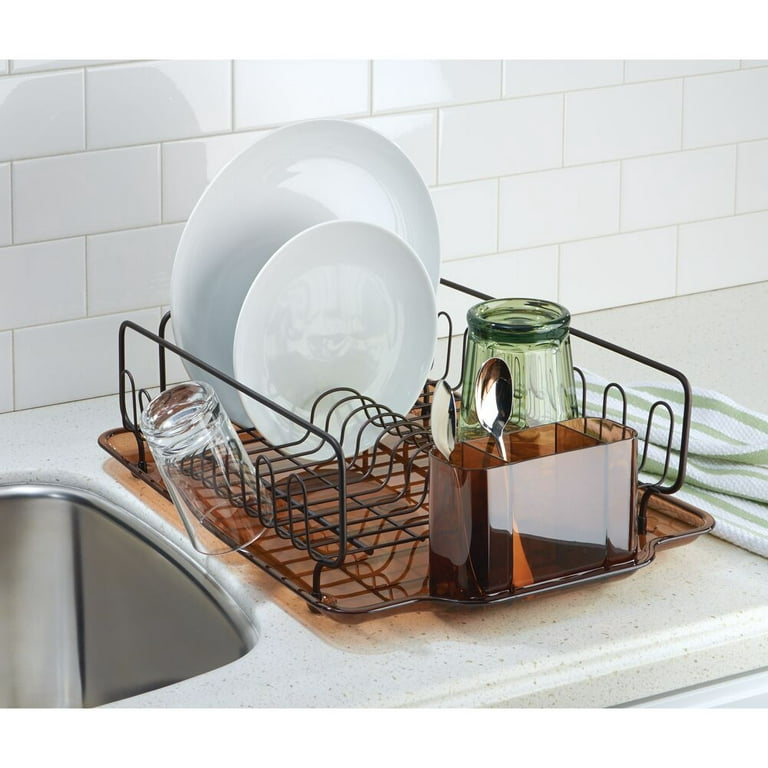 iDesign, Stainless Steel Metal Sink Dish Drainer Rack with Plastic Tray Kitchen  Drying Rack, Amber/Bronze 