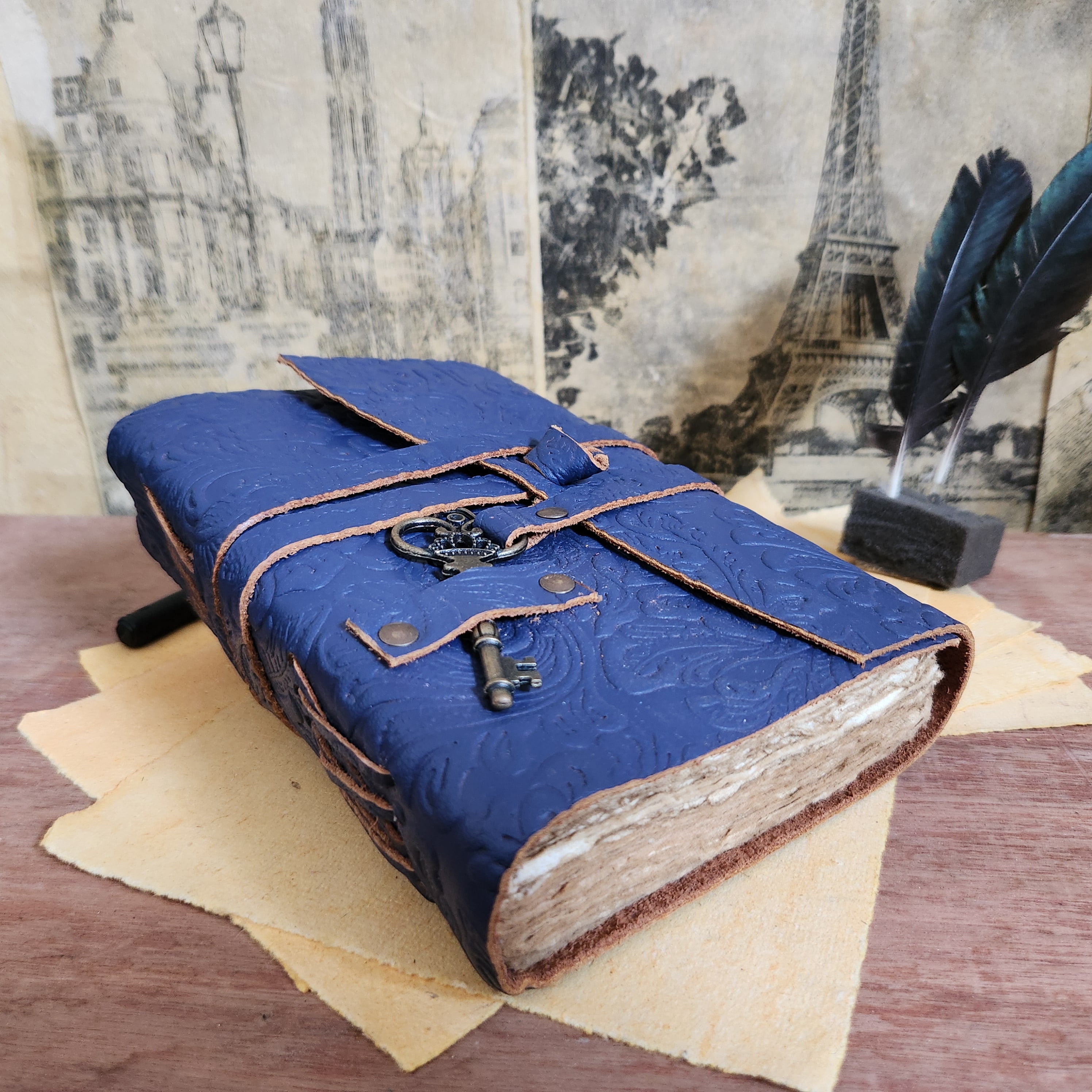 Handmade Leather Journal with Vintage Deckle Edge Paper - 7x5 Inch, 200 Pages - Floral Embossed Cover with Key Closure - Soft Leather Notebook (Pink, Green, Blue)