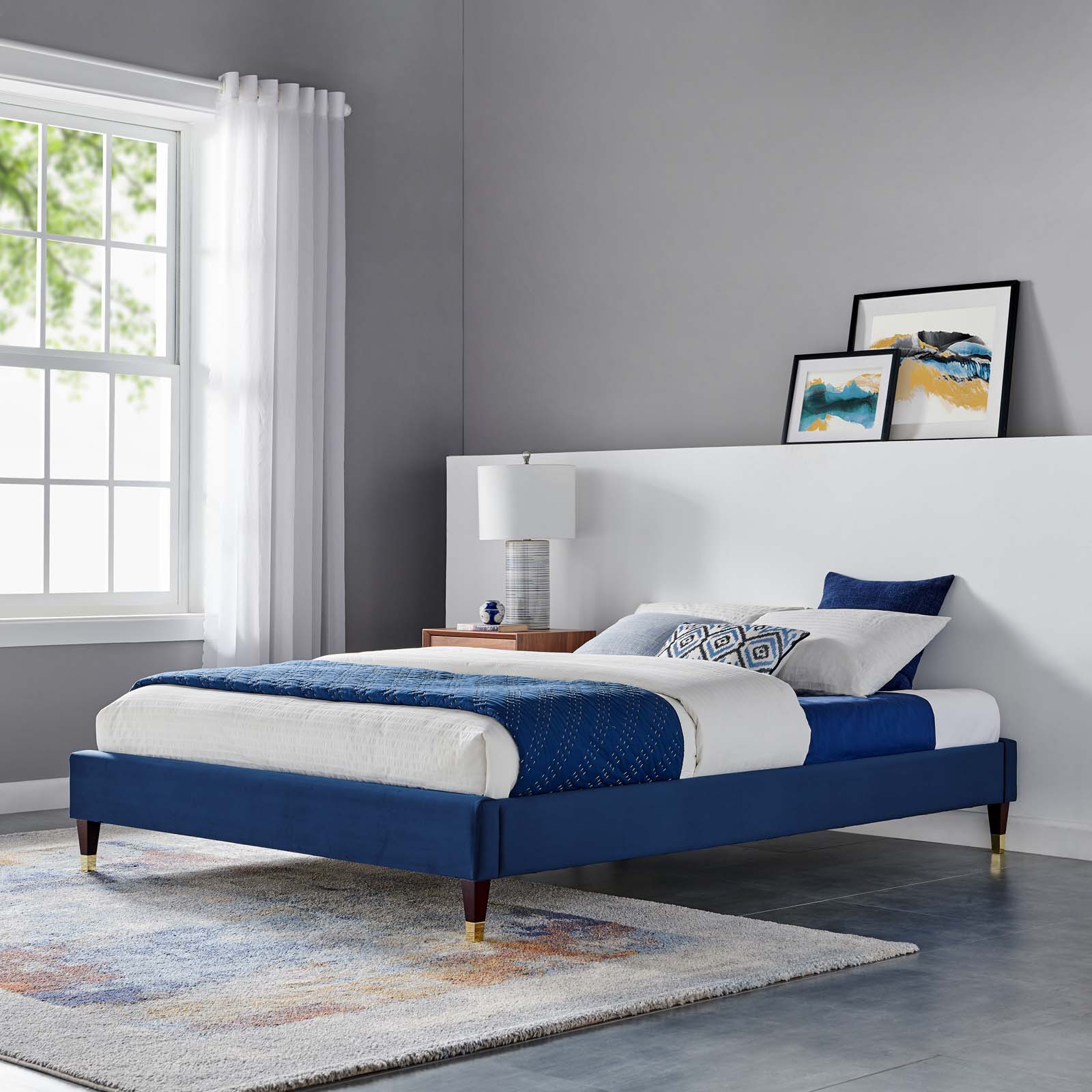 Modway Harlow Perfomance Velvet Platform Bed Frame, Queen, Blue