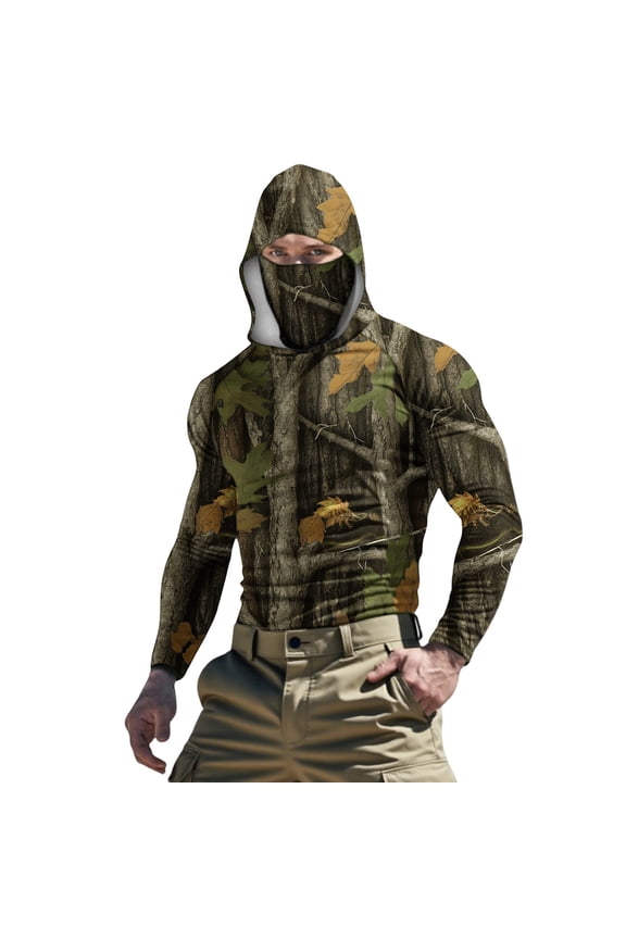 Men's Camo Fishing Hoodie with Built-in Face Mask UPF 50+ Long Sleeve Ice Silk Sun Protection Shirt Quick Dry Hunting Tee 2XL