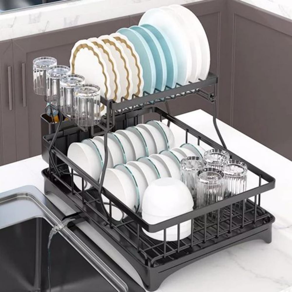 Kadyn 2 Tier Dish Rack with Utensil Holder for Kitchen Counter, Black Kadyn 2 Tier Dish Rack with Utensil Holder for Kitchen Counter, Black